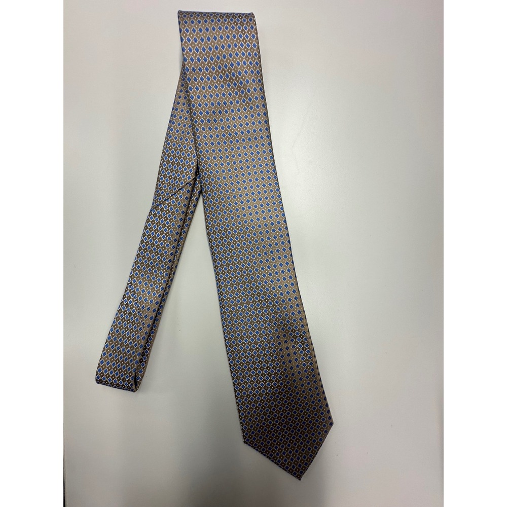 Saddlebred Mens Silk Necktie Blue Tan Brown Geometric Diamond Pattern 58x3.5